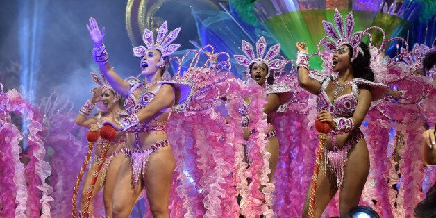 Revelers of the Vai-Vai samba school perform honoring France with their performance 'Je suis Vai-Vai. Bem-Vindos a FranÃ§a!' during the second night of the carnival parade at the Sambadrome in Sao Paulo, Brazil, on February 7, 2016. France Consul General Demian Loras marched along with Vai-Vai samba school. AFP PHOTO / NELSON ALMEIDA / AFP / NELSON ALMEIDA (Photo credit should read NELSON ALMEIDA/AFP/Getty Images)