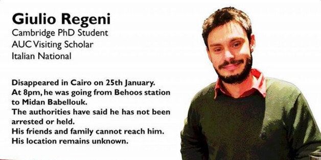 This image posted online after the Jan. 25, 2016 disappearance of Italian graduate student Giulio Regeni in Cairo, Egypt shows Reggeni in a graphic used in an online campaign, #whereisgiulio seeking information on his whereabouts. The body of the missing Italian student was found with signs of torture, including multiple stab wounds and cigarette burns, by the side of a highway on the outskirts of the Egyptian capital, an investigating prosecutor told The Associated Press on Thursday, Feb. 4, 20