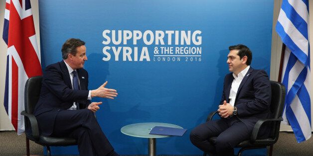 LONDON, ENGLAND - FEBRUARY 04: Greek Prime Minister Alexis Tsipras and British Prime Minister David Cameron hold bilateral talks at the 'Supporting Syria Conference' at The Queen Elizabeth II Conference Centre on February 4, 2016 in London, England. World leaders including British Prime Minister David Cameron and German Chancellor Angela Merkel will gather for the 4th annual donor conference in an attempt to raise Â£6.2bn GBP to those affected by the war in Syria. (Photo by Dan Kitwood - WPA Pool/Getty Images)