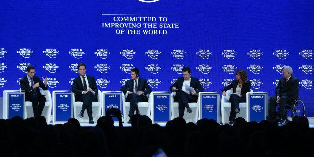 From left to right, Robin Niblett, director of Chatham House Enterprises Ltd., Mark Rutte, Dutch prime minister, Manuel Valls, France's prime minister, Alexis Tsipras, Greece's prime minister, Emma Marcegaglia, chairman of Eni SpA, and Wolfgang Schaeuble, Germany's finance minister, take part in a panel session during the World Economic Forum (WEF) in Davos, Switzerland, on Thursday, Jan. 21, 2016. World leaders, influential executives, bankers and policy makers attend the 46th annual meeting of the World Economic Forum in Davos from Jan. 20 - 23. Photographer: Jason Alden/Bloomberg via Getty Images