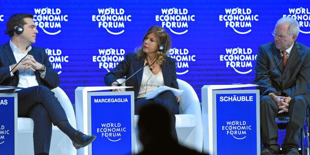 DAVOS/SWITZERLAND, 21JAN16 - Alexis Tsipras (L), Prime Minister of Greece, Emma Marcegaglia (C), Chairman, Eni, Italy and Wolfgang Schaeuble (R), Federal Minister of Finance of Germany listen to the debate during the session 'The Future of Europe' at the Annual Meeting 2016 of the World Economic Forum in Davos, Switzerland, January 21, 2016. WORLD ECONOMIC FORUM/swiss-image.ch/Photo Valeriano Di Domenico