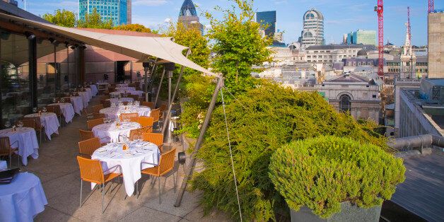 LONDON, UNITED KINGDOM - 2009/08/22: Roof top garden at d'Argent restaurant in the City of London with the view on city's skyscrapers. (Photo by Pawel Libera/LightRocket via Getty Images)