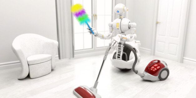 Robot using vacuum cleaner and duster in white interior.