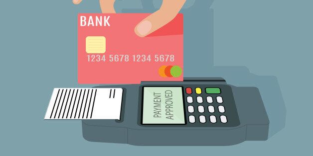 POS terminal transaction concept. Hand swiping a credit card trough terminal. Vector illustration on grey background in flat design