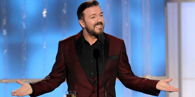 69th ANNUAL GOLDEN GLOBE AWARDS -- Pictured: Host Ricky Gervais on stage during the 69th Annual Golden Globe Awards held at the Beverly Hilton Hotel on January 15, 2012 -- (Photo by: Paul Drinkwater/NBC/NBCU Photo Bank via Getty Images)