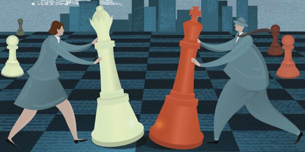 Textured vector illustration of a stylized business people with chess piece on chess board. Download includes Illustrator 10 eps with transparencies and high resolution jpg. http://farm9.staticflickr.com/8335/8079798694_a081a692fb.jpg