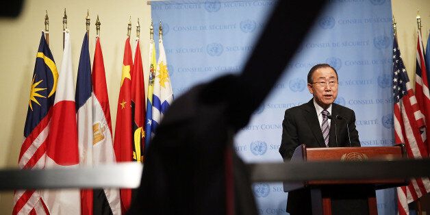 NEW YORK, NY - JANUARY 06: United Nations Secretary-General Ban Ki-moon makes comments to the media on the situation in North Korea before the Security Council holds a closed-door meeting to discuss the next steps at the United Nations on January 6, 2016 in New York City. North Korea claimed yesterday to have successfully tested a hydrogen bomb. (Photo by Spencer Platt/Getty Images)