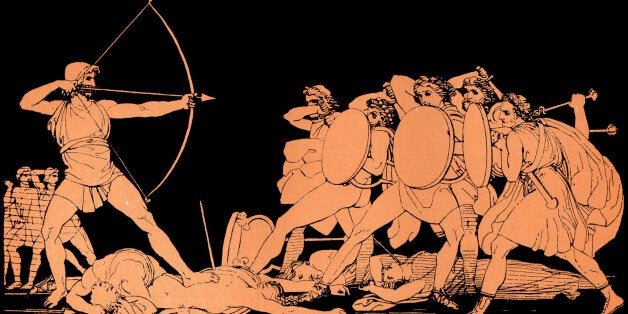 Homer, The Odyssey. Ulysses (Odysseus) killing the Suitors of his wife Penelope on the island of Ithaca Homer, blind Greek poet, c. 800 - 600 BCE, Trojan War, epic; illustration after Flaxman (Photo by Culture Club/Getty Images)