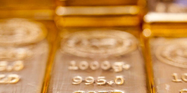 One thousand gram gold bars are arranged for a photograph at the Istanbul Gold Refinery in Istanbul, Turkey, on Thursday, Aug. 18, 2011. Venezuelan President Hugo Chavez ordered the central bank to repatriate $11 billion of gold reserves held in developed nations' institutions such as the Bank of England as the metal rises to record levels behind a weakening U.S. dollar. Photographer: Kerem Uzel/Bloomberg via Getty Images