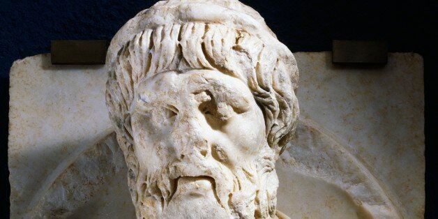 TURKEY - NOVEMBER 15: Marble medallion with a relief of the bust of the Greek mathematician Pythagoras, 6th century BC) from Aphrodisias, Turkey. Roman civilisation, 2nd century. Afrodisia, Museum (Archaeological Museum) (Photo by DeAgostini/Getty Images)