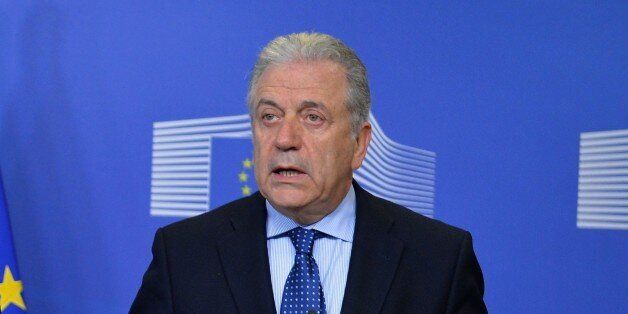 BRUSSELS, BELGIUM - JANUARY 6: The European Commissioner for Migration Dimitris Avramopoulos delivers a speech during a press conference after an emergency meeting over new Swedish, Danish border checks in Brussels, Belgium on January 6, 2016. The European Commissioner for Migration Dimitris Avramopoulos summoned Swedish, Danish and German officials to Brussels following an increase of border controls to stop refugees from coming to the region. (Photo by Dursun Aydemir/Anadolu Agency/Getty Images)