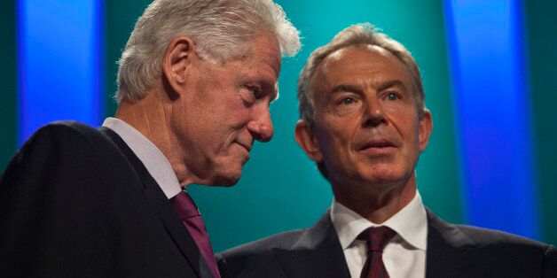 Bill Clinton, former U.S. President, left, speaks with Tony Blair, former U.K. prime minister, during the second day of Clinton Global Initiative annual meeting in New York, U.S., on Wednesday, Sept. 22, 2010. Clinton said his annual conference to link philanthropists with the fight against global poverty is focused on women because they're not considered equal to men in many parts of the world. Photographer: Ramin Talaie/Bloomberg via Getty Images