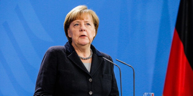 BERLIN, GERMANY - JANUARY 7 : German Chancellor Angela Merkel and the newly elected Romanian Prime Minister Dacian Cioloso (unseen) talk to the press after their common lunch at the chancellery on January 7, 2016 in Berlin, Germany. Bilateral relations and the European policy on the current refugee situation within Europe were the main topics of their meeting. (Photo by Christian Marquardt/Getty Images)