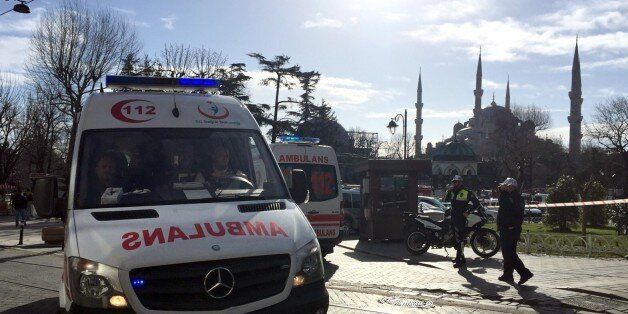 ISTANBUL, TURKEY - JANUARY 12: Ambulances gather around Sultanahmet tourist district after an explosion in Istanbul, Turkey on January 12, 2016. Turkish police have sealed off central Istanbul square in historic Sultanahmet district after the explosion was heard. Ambulances raced to the scene in the minutes after the explosion. (Photo by Veli Gurgah/Anadolu Agency/Getty Images)