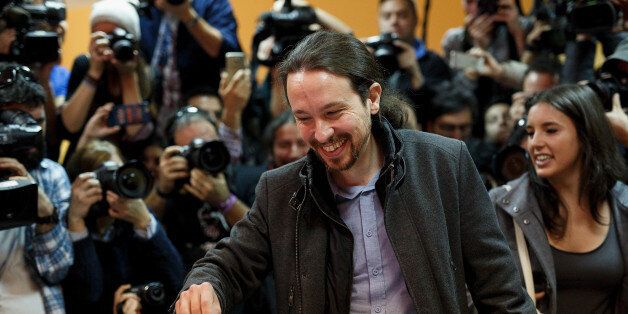MADRID, SPAIN - DECEMBER 20: Podemos (We Can) leader Pablo Iglesias casts his vote at a polling station on December 20, 2015 in Madrid, Spain. Spaniards went to the polls today to vote for 350 members of the parliament and 208 senators. For the first time since 1982, the two traditional Spanish political parties, right-wing Partido Popular (People's Party) and centre-left wing Partido Socialista Obrero Espanol PSOE (Spanish Socialist Workers' Party), held a tight election race with two new contenders, Ciudadanos (Citizens) and Podemos (We Can) attracting right-leaning and left-leaning voters respectively. (Photo by Pablo Blazquez Dominguez/Getty Images)