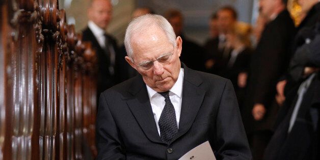 HAMBURG, GERMANY - NOVEMBER 23: Wolfgang Schaeuble attends the funeral service of former German Chancellor Helmut Schmidt at St Michaelis church on November 23, 2015 in Hamburg, Germany. Schmidt, a German Social Democrat (SPD), led West Germany as chancellor from 1974 until 1982. He died on November 10 in Hamburg at the age of 96. (Photo by Focke Strangmann - Pool /Getty Images)