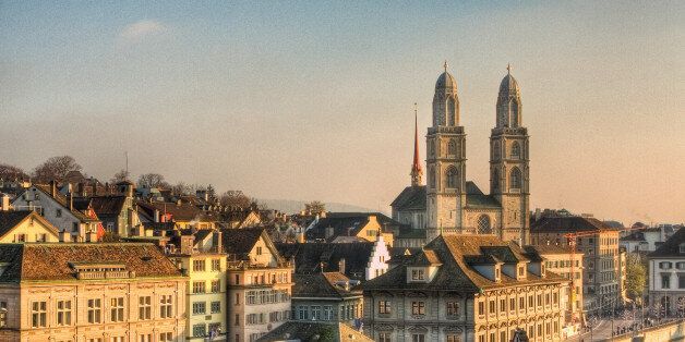 View of Grossmunster church from across the river. Zurich.