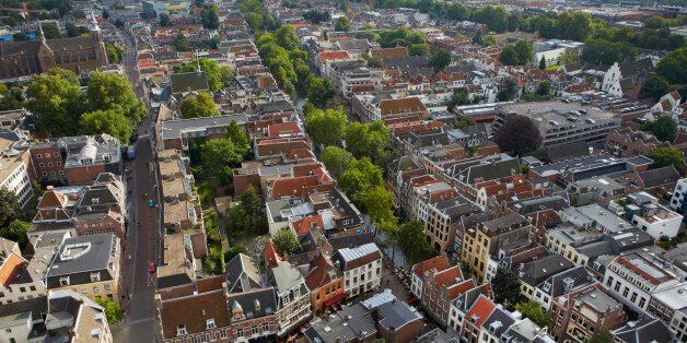 Elevated view from Dom Tower of the medieval centre of Utrecht with Oudegracht 'old canal'