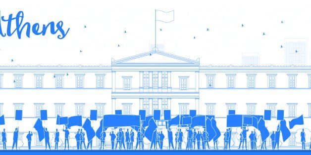 Greek protesting in front of the Greek Parliament in Athens,Greece. Outline vector illustration