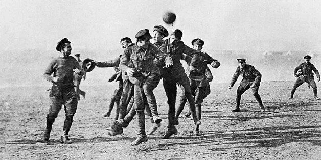 Photograph of soldiers playing football in No-Man's Land during the Christmas Truce. Dated 1914. (Photo by Universal History Archive/UIG via Getty Images)