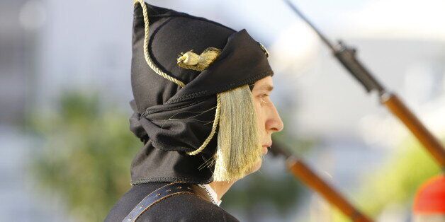 SYNTAGMA SQUARE, ATHENS, ATTICA, GREECE - 2015/05/19: Close-up of an Evzone (Greek Presidential Guard), dressed in the black traditional uniform of Pontic soldiers. Greeks from the Pontus region (Black Sea) hold a commemoration ceremony for the anniversary of the Pontic genocide by the Ottoman Empire. The Pontic genocide is the ethnic cleansing of the Christian Greek population from the Pontus area in Turkey during World War I and its aftermath. (Photo by Michael Debets/Pacific Press/LightRocket via Getty Images)