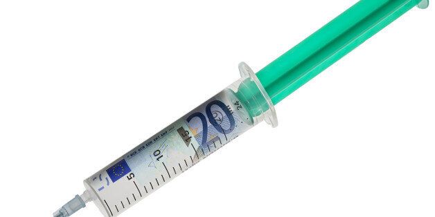 financial theme with a big syringe and â¬ money,