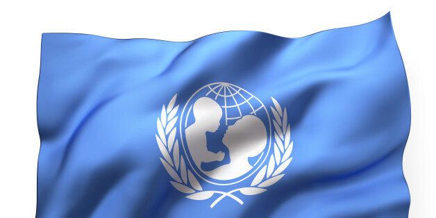 Waving flag of UNICEF isolated on white background