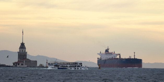 ISTANBUL, Dec. 3, 2015-- An oil tanker is seen on the Bosphorus Strait in Istanbul, Turkey, Dec. 1, 2015. Repeated accusations by Russia of Turkey's involvement in black-market oil trade with the Islamic State, made in an escalating war of words between the two neighbors over a downed warplane, are turning to Ankara's disadvantage. (Xinhua/He Canling via Getty Images)