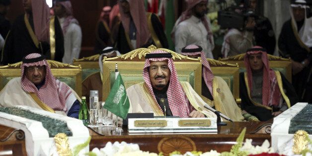 King Salman of Saudi Arabia, center, attends the closing session of the 36th Gulf Cooperation Council Summit in Riyadh, Saudi Arabia, Thursday, Dec. 10, 2015. (AP Photo/Khalid Mohammed)