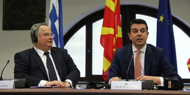 SKOPJE, MACEDONIA - JUNE 24: Macedonian FM Nikola Poposki (R) and his Greek counterpart Nikos Kotzias hold a press conference at Macedonian Ministry of Foreign Affairs in Skopje, Macedonia on June 24, 2015. Greek FM is on a one-day official visit to Macedonia. (Photo by Ilin Nikolovski/Anadolu Agency/Getty Images)