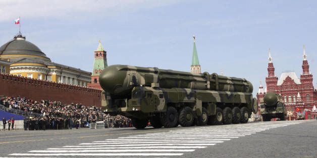 A Russian Topol-M ICBM drives across Red Square in a Victory Day Parade in Moscow on May 9, 2008. Nuclear missiles and tanks paraded Friday across Red Square for the first time since the Soviet era but new President Dmitry Medvedev warned other nations against 'irresponsible ambitions' that he said could start wars. AFP PHOTO / ARTYOM KOROTAYEV (Photo credit should read ARTYOM KOROTAYEV/AFP/Getty Images)