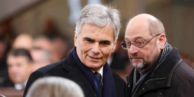 HAMBURG, GERMANY - NOVEMBER 23: Werner Faymann and Martin Schulz attends the funeral service of former German Chancellor Helmut Schmidt at St Michaelis church on November 23, 2015 in Hamburg, Germany. Schmidt, a German Social Democrat (SPD), led West Germany as chancellor from 1974 until 1982. He died on November 10 in Hamburg at the age of 96. (Photo by Focke Strangmann - Pool /Getty Images)