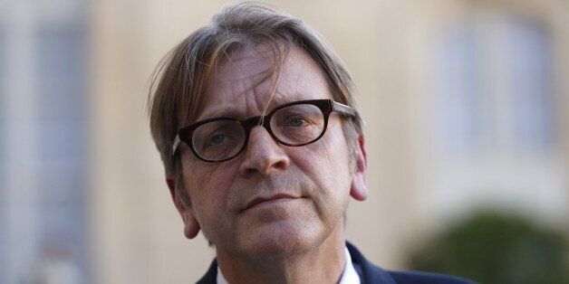 Guy Verhofstadt, Belgian member of the European Parliament, leader of the Alliance of liberals and Democrats for Europe (ALDE) group, and former Belgium prime minister, speaks to journalists after a meeting with French President at the Elysee Presidential Palace, on September 29, 2015 in Paris. AFP PHOTO / THOMAS SAMSON (Photo credit should read THOMAS SAMSON/AFP/Getty Images)