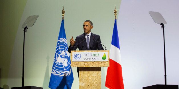 President Barack Obama delivers remarks during the COP21, United Nations Climate Change Conference, in Le Bourget, outside Paris, on Monday, Nov. 30, 2015. (AP Photo/Evan Vucci)