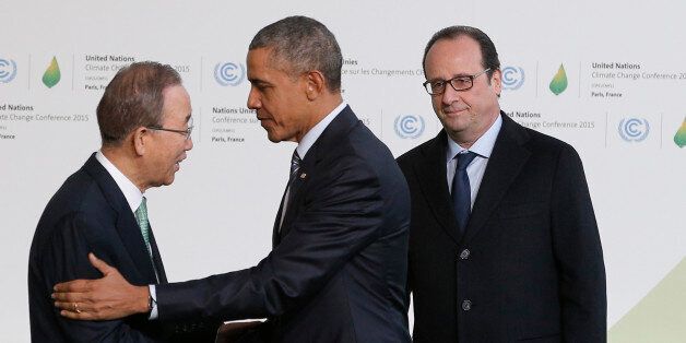 United Nations Secretary General Ban Ki-moon, left, and French President Francois Hollande, right, welcome U.S. President Barack Obama as he arrives for the COP21, United Nations Climate Change Conference, in Le Bourget, outside Paris, Monday, Nov. 30, 2015. (AP Photo/Christophe Ena, Pool)