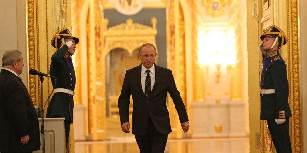 MOSCOW, RUSSIA - DECEMBER 03: (RUSSIA OUT) Russian President Vladimir Putin arrives at the hall to deliver the Federal Assembly annual speech in Grand Kremlin Palace on December 3, 2015 in Moscow, Russia. (Photo by Sasha Mordovets/Getty Images)