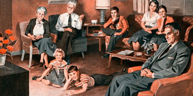 Vintage illustration of three generations of an American family basking in the glow of a television, 1956. Screen print. (Illustration by GraphicaArtis/Getty Images)