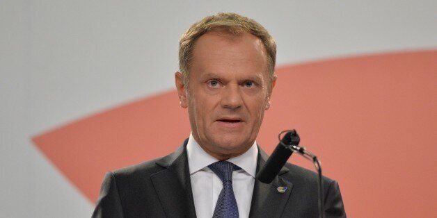 VALLETTA, MALTA - NOVEMBER 2015: President of the European Council Donald Tusk delivers a speech during the press conference at the end of the '2015 Valletta Summit on Migration' in Valletta, Malta on November 12, 2015. (Photo by Dursun Aydemir/Anadolu Agency/Getty Images)
