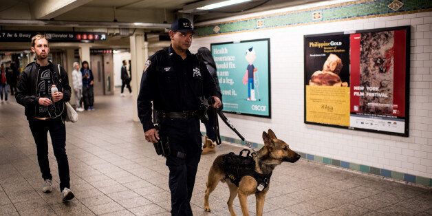 NEW YORK, NY - NOVEMBER 14: A police officer patrols the Times Square subway stop with his dog following a series of terrorist attacks in Paris on November 14, 2015 in New York City. Security in New York City has increased following the coordinated assault on Paris which ISIS claimed responsibility for. At least 120 people have been killed and over 200 injured, 80 of which seriously. (Photo by Andrew Renneisen/Getty Images)
