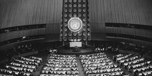 High angle view of the General Assembly, United Nations Building, New York City, New York State, USA