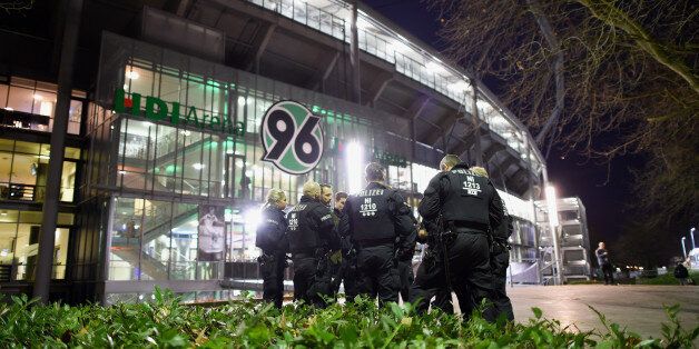 HANOVER, GERMANY - NOVEMBER 17: Police forces secure an entrance of the the HDI-Arena prior the International Friendly match between Germany and Netherlands at HDI Arena on November 17, 2015 in Hanover, Germany. (Photo by Matthias Hangst/Bongarts/Getty Images)