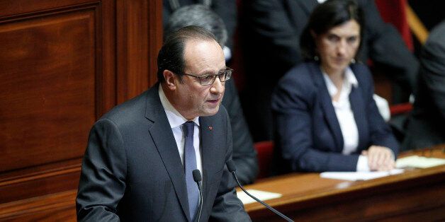 VERSAILLES, FRANCE - NOVEMBER 16: French President Francois Hollande delivers a speech during an exceptional joint gathering of both houses of parliament on November 16, 2015 in Versailles, France. During his speech, the French President expressed his commitment to 'destroying' Islamic State (IS) following Friday's terrorist attacks which left at least 129 people dead and hundreds more injured. (Photo by Thierry Chesnot/Getty Images)