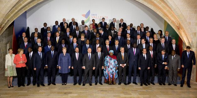 European Union and African leaders pose for a family picture on the occasion of an informal summit on migration in Valletta, Malta, Wednesday, Nov. 11, 2015. (AP Photo/Alessandra Tarantino)