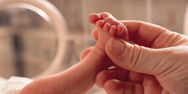 small premature baby lies in an incubator a grown hand reaches in grasping the foot in caring manner