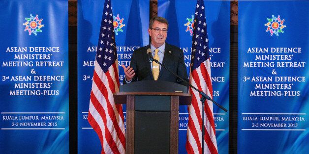 KUALA LUMPUR, MALAYSIA - NOVEMBER 04: U.S. Defense Secretary Ash Carter attends a news conference after the ASEAN defence ministers meeting plus 2015 on November 4, 2015 in Kuala Lumpur, Malaysia. Asean face pressure to back China on the South China Sea issue, while the US and Japan are pushing to get concerns about the dispute included in a statement to be issued after regional defence talks. (Photo by Mohd Samsul Mohd Said/Getty Images)