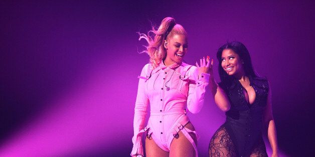 NEW YORK, NY - OCTOBER 20: Beyonce (L) and Nicki Minaj perform onstage during TIDAL X: 1020 Amplified by HTC at Barclays Center of Brooklyn on October 20, 2015 in New York City. (Photo by Jamie McCarthy/Getty Images for TIDAL)