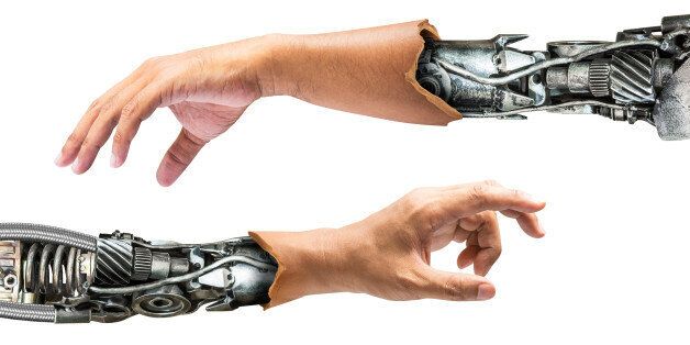 Metallic robot arm internal human hand isolated on white background for concept of the future technology