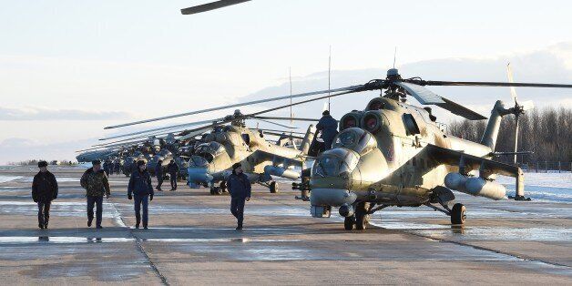 MURMANSK, RUSSIA - MARCH 16: Military helicopters during military training on Northern navy on March 16, 2015 in Murmansk, Russia. (Photo Anatoly Zhdanov/Kommersant Photo via Getty Images)