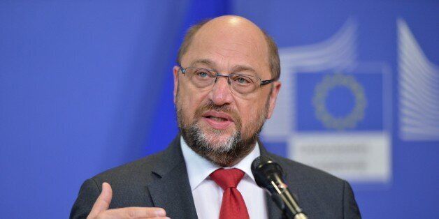 BRUSSELS, BELGIUM - OCTOBER 25: President of the European Parliament Martin Schulz delivers a speech during a press conference ahead of the EU-Balkans summit at the EU headquarters in Brussels, Belgium on October 25, 2015. European Union and Balkan leaders faced a make-or-break summit on the deepening refugee crisis after three frontline states threatened to close their borders if their EU peers stopped accepting migrants. (Photo by Dursun Aydemir/Anadolu Agency/Getty Images)