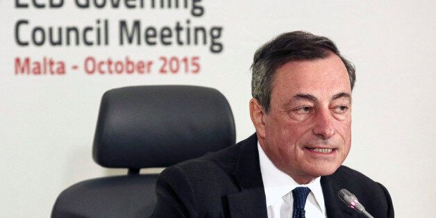 Mario Draghi, president of the European Central Bank (ECB), speaks during a news conference to announce interest rates in Valletta, Malta, on Thursday, Oct. 22, 2015. The European Central Bank kept interest rates unchanged, turning the focus to Draghi's assessment of the economy for any clues on whether more stimulus is in the pipeline. Photographer: Yorgos Karahalis/Bloomberg via Getty Images